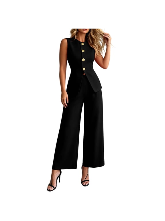 Women's Formal Vest and Pants Two-Piece Set, Round Neck Button-Down Vest with Matching High Waist Wide Leg Pants, Elegant Outfit for Work and Special Occasions