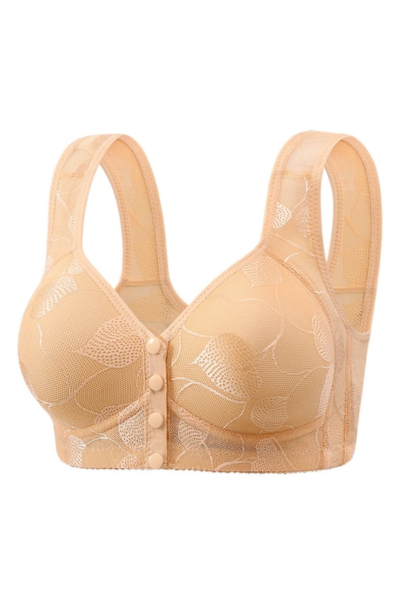 Women's Front Closure Lace Bra with Leaf Pattern - Wireless Full Coverage Bandeau with Wide Straps for Everyday Comfort & Support