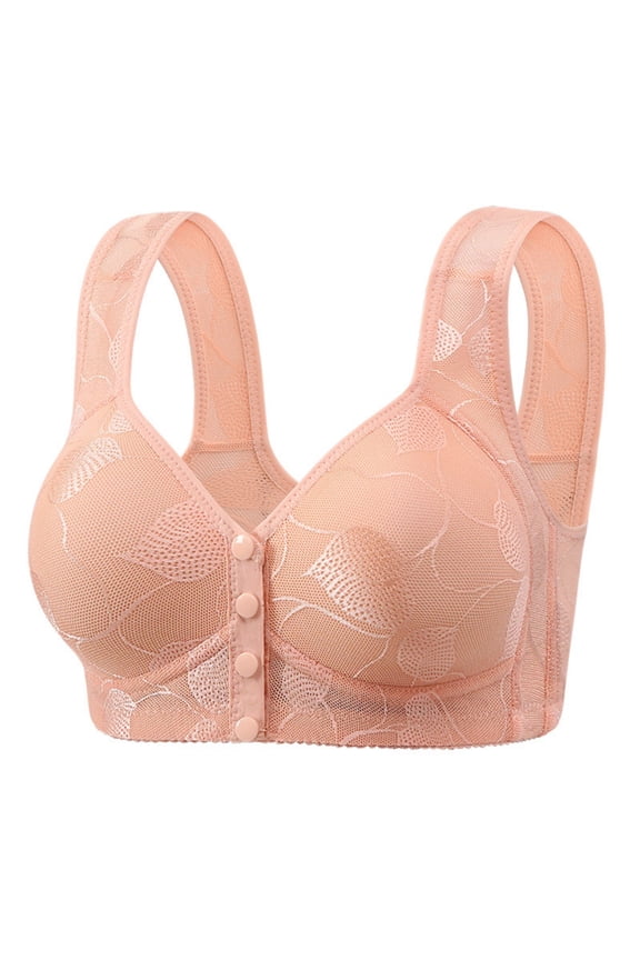Women's Front Closure Lace Bra with Leaf Pattern - Wireless Full Coverage Bandeau with Wide Straps for Everyday Comfort & Support