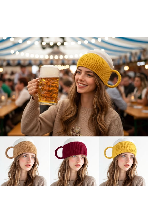 Women's Funny Beer Mug Beanie Hat Winter Warm Knit Crochet Cap with Fake Foam Top and Handle Novelty Oktoberfest Party Halloween Costume Accessory Gift for Women