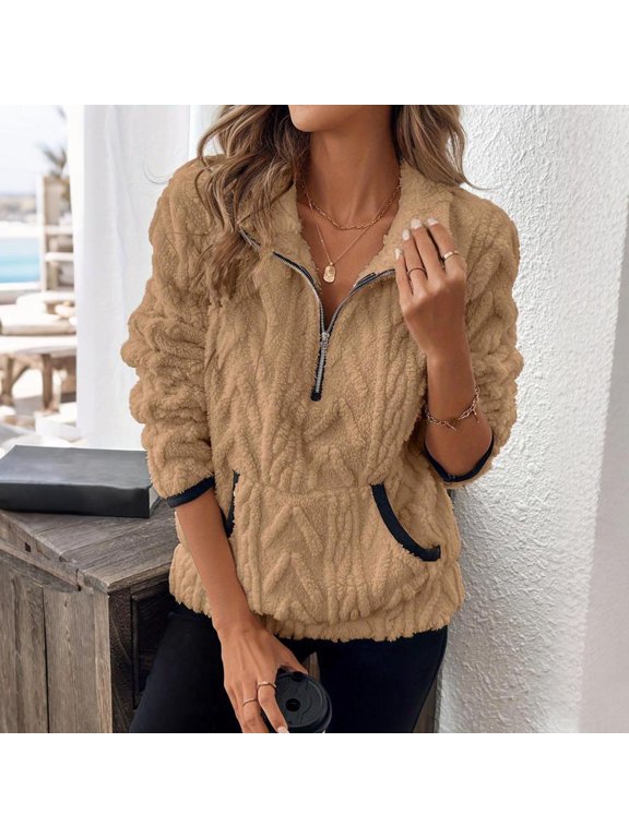 Women's Textured Half Zip Pullover Long Sleeve Sweatshirt - Casual Loose Fit Tunic Top with Pockets for Daily Wear