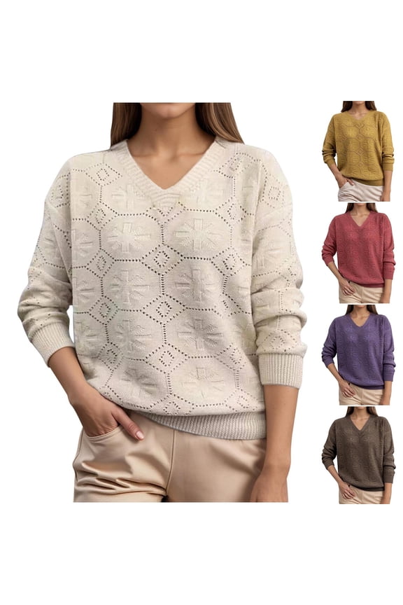 Women's Geometric Pointelle Knit V-Neck Pullover Sweater - Chic Textured Hollow Out Top for Office Work and Casual Daily Outings
