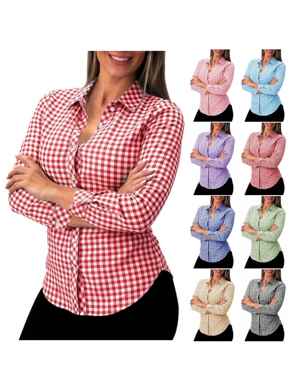 Women's Gingham Button Down Shirt Long Sleeve Plaid Blouse Slim Fit Casual Work Top Point Collar Office Wear Dress Shirt for Business and Daily Wear Autumn