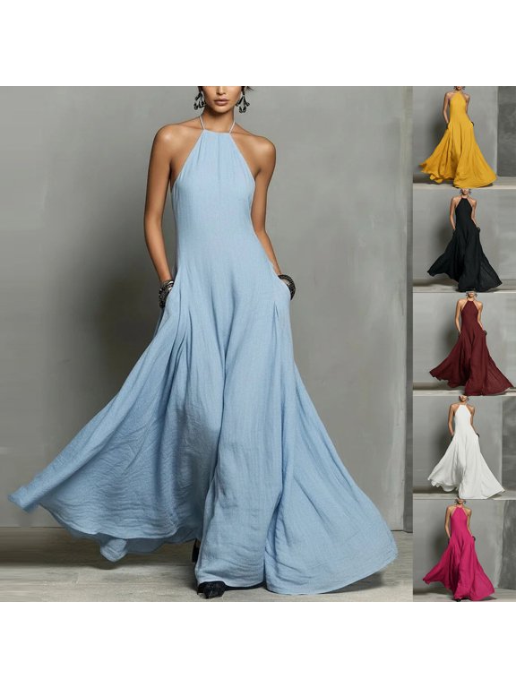 Women's Halter Neck Backless Maxi Dress with Pockets - Flowy A-Line Solid Color Long Dress for Beach Vacations, Resort Days, and Sun-Kissed Lounging