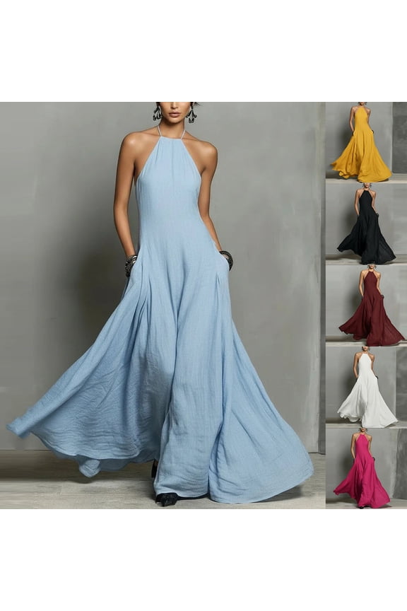 Women's Halter Neck Backless Maxi Dress with Pockets - Flowy A-Line Solid Color Long Dress for Beach Vacations, Resort Days, and Sun-Kissed Lounging