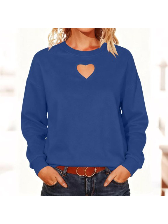 Women's Heart Cutout Sweatshirt Crew Neck Long Sleeve Pullover Top - Casual Loose Fit Tunic Shirt for Daily Wear
