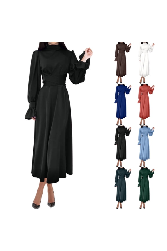 Women's High Neck Puff Sleeve Midi Dress with Twist Waist Detail - Fall Winter Elegant A-Line Silhouette for Office Commute and Evening Parties