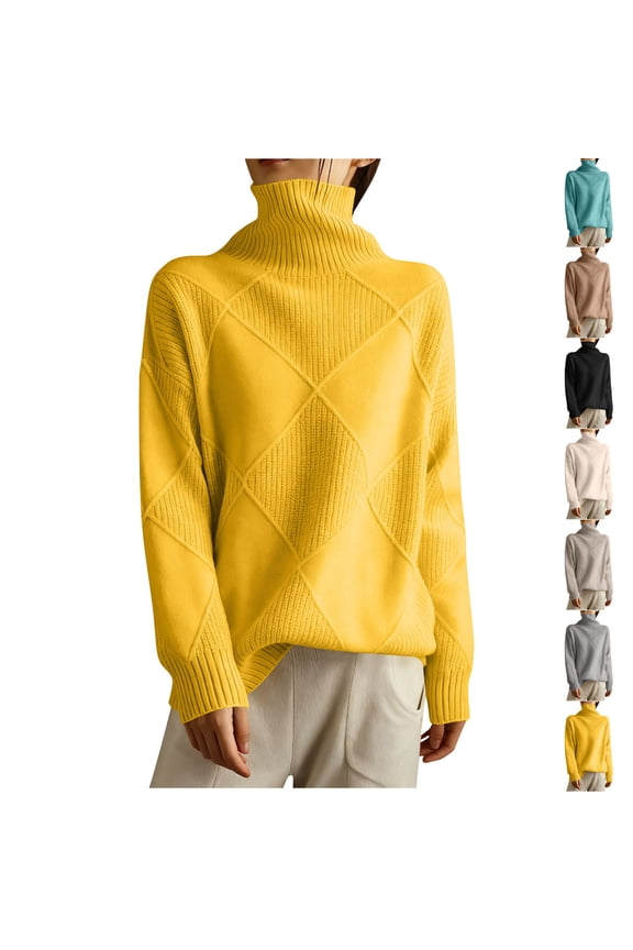 Women's High Turtleneck Diamond Pattern Ribbed Knit Sweater - Cozy Warm Pullover Top for Cold Weather Commute and Casual Office Wear