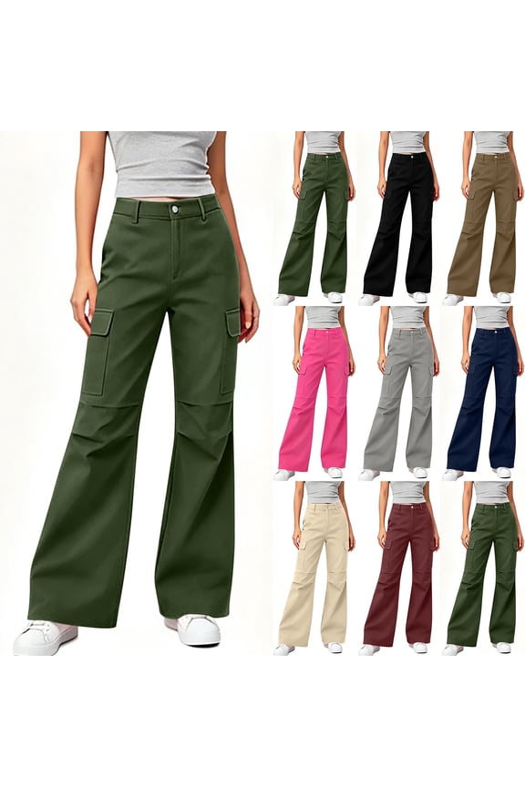 Women's High Waist Button Cargo Flare Pants with Functional Side Utility Pockets - Fall Winter A Stylish Practical Choice for Urban Streetwear and Weekend Outings