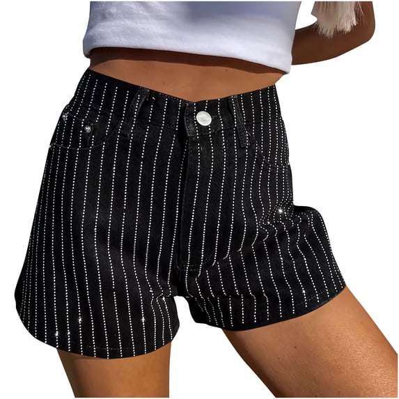 Umfun Women's High Waist Striped Denim Shorts Sparkly Button Fly Casual Summer Party Jean Shorts