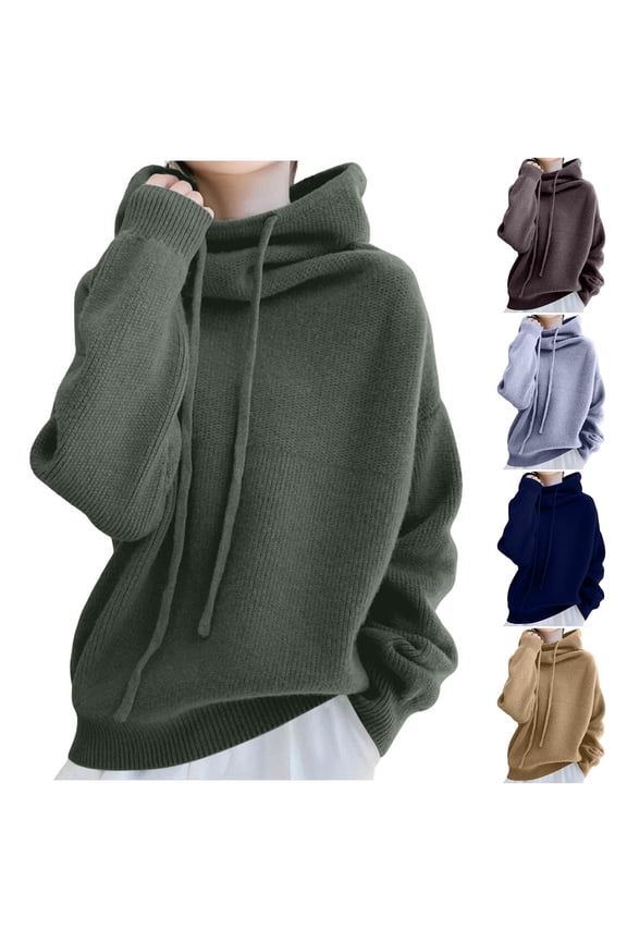 Women's Hooded Cowl Neck Drawstring Knit Pullover Sweater - Ultra Soft Relaxed Fit Breathable Cozy Winter Top for Casual Weekend Outings and Cold Weather Travel