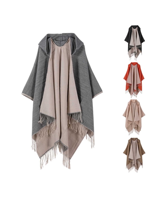 Women's Hooded Two Tone Fringe Cape Wrap Mid-Length Winter Shawl Outerwear Relaxed Fit Pullover Style for Casual Travel and Daily Wear