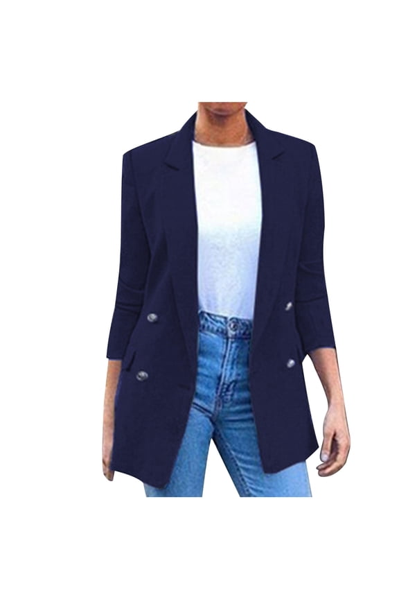 Women's Jacket Basic Essential Double Breasted Mid Long Wool Blend Jacket Outdoor Recreation Coat Navy S