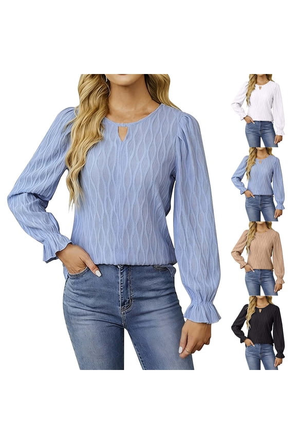 Women's Keyhole Neck Long Sleeve Top Crew Neck Textured Blouse Casual Ruched Cuff Pullover Shirt Lightweight Tunic for Fall Winter Daily Wear