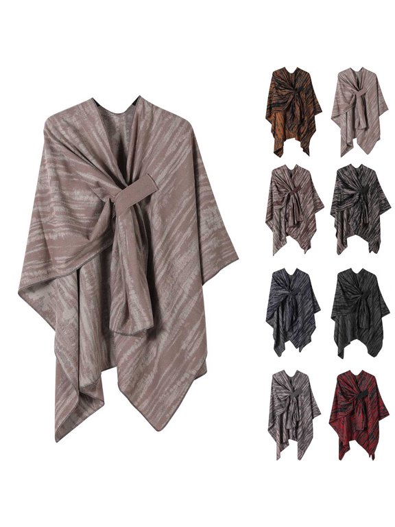 Women's Knotted Front Wrap Cape Textured Winter Shawl Outerwear Mid-Length Tie Front Cover Up for Casual Vacation Daily Wear