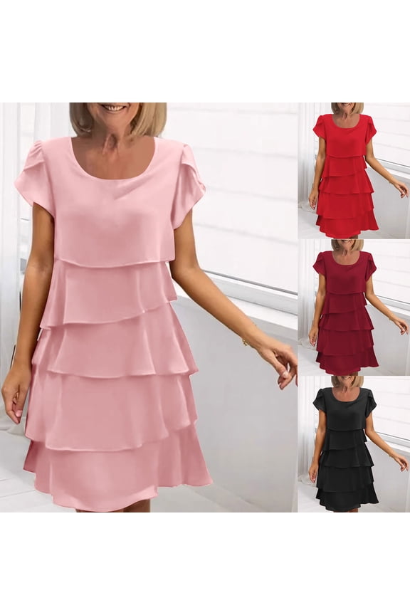 Women's Layered Chiffon Mini Dress - Soft Ruffle Tiered Short Sleeve Dress for Wedding Guest Events, Casual Daily Wear, and Garden Celebrations