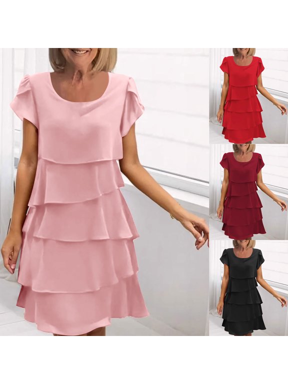 Women's Layered Chiffon Mini Dress - Soft Ruffle Tiered Short Sleeve Dress for Wedding Guest Events, Casual Daily Wear, and Garden Celebrations