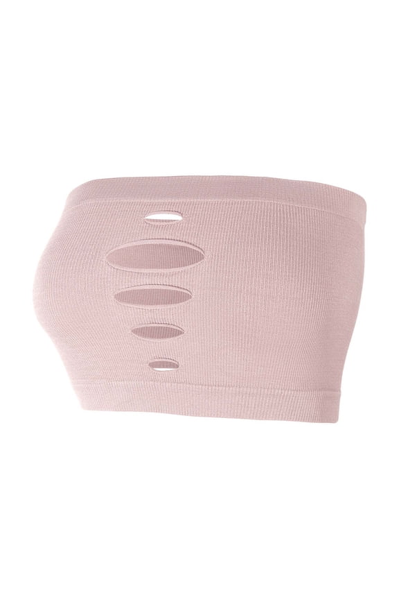 Women's Layered Cutout Tube Top - Strapless Crop Top with Slit Detail, Stretch Ribbed Bandeau for Trendy Daily Wear