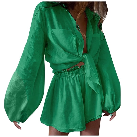 Umfun Women's Linen-Blend Relaxed Fit Two-Piece Set, Collared Long Sleeve Shirt with Matching Elastic Waist Shorts, Casual Outfit for Beach and Vacation