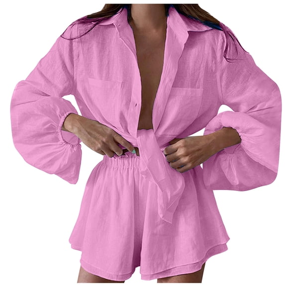 Umfun Women's Linen-Blend Relaxed Fit Two-Piece Set, Collared Long Sleeve Shirt with Matching Elastic Waist Shorts, Casual Outfit for Beach and Vacation