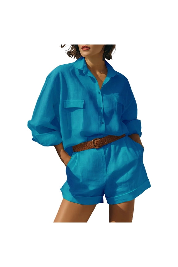 Women's Linen-Blend Relaxed Fit Two-Piece Set, Collared Long Sleeve Shirt with Matching High Waist Shorts, Casual Outfit for Everyday Wear and Vacation