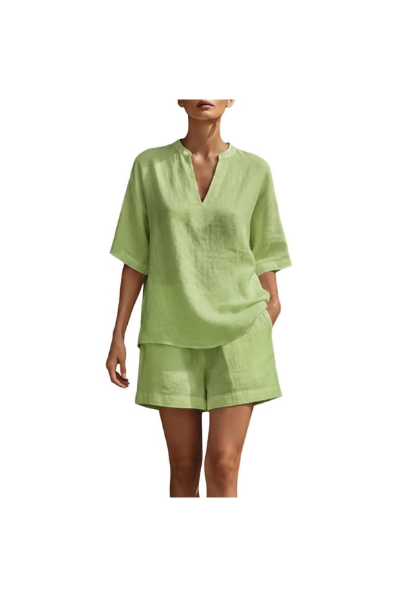 Women's Linen-Blend Relaxed Fit Two-Piece Set, Mandarin Collar Short Sleeve Top with Matching Elastic Waist Shorts, Casual Outfit for Everyday Wear and Vacation