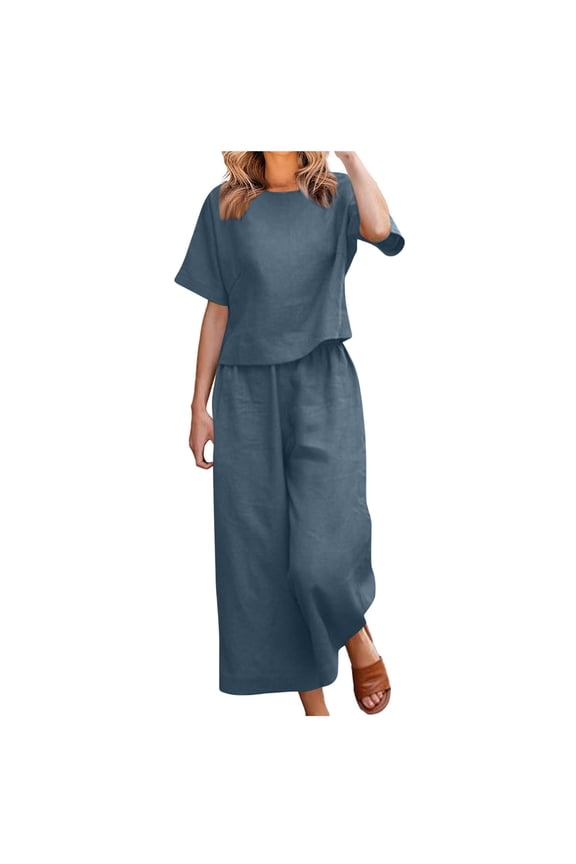 Women's Linen-Blend Relaxed Fit Two-Piece Set, Round Neck Short Sleeve Top with Matching Wide Leg Pants, Casual Outfit for Everyday Wear and Vacation