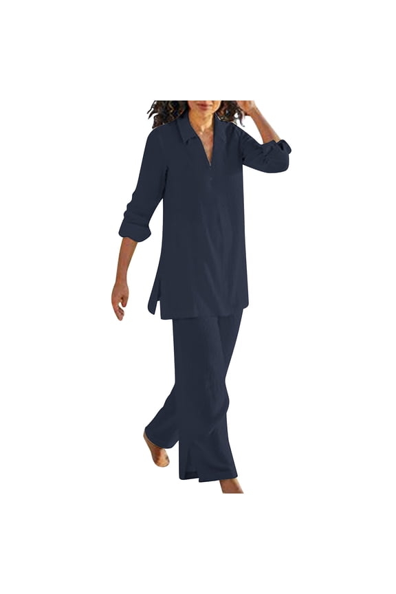 Women's Linen Relaxed Fit Two-Piece Set, Collared Long Sleeve Tunic with Matching High Waist Pants, Casual Outfit for Everyday Wear and Vacation