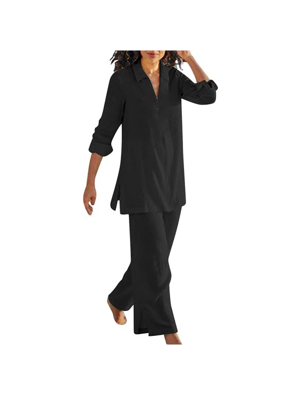 Women's Linen Relaxed Fit Two-Piece Set, Collared Long Sleeve Tunic with Matching High Waist Pants, Casual Outfit for Everyday Wear and Vacation