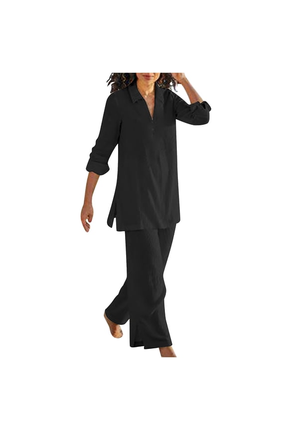 Women's Linen Relaxed Fit Two-Piece Set, Collared Long Sleeve Tunic with Matching High Waist Pants, Casual Outfit for Everyday Wear and Vacation
