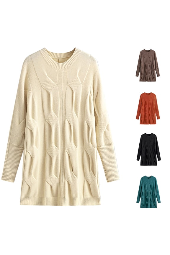 Women's Longline Crew Neck Geometric Knit Tunic Sweater - Cozy Relaxed Pullover Top for Fall Winter Office Work and Casual Weekend Outings