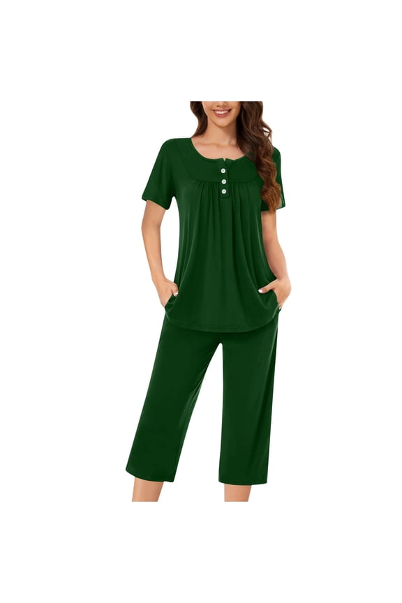 Women's Loungewear Relaxed Fit Two-Piece Set, Round Neck Short Sleeve Top with Matching Elastic Waist Capris, Comfortable Outfit for Home and Everyday Wear