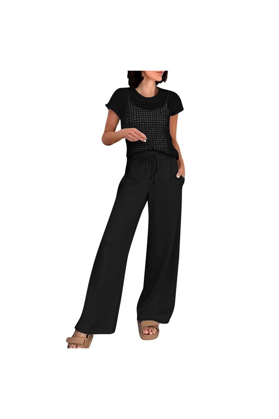 Women's Mesh Detail Two-Piece Set, Crochet Openwork Short Sleeve Top with Matching Wide Leg Pants, Breathable Outfit for Summer and Vacation