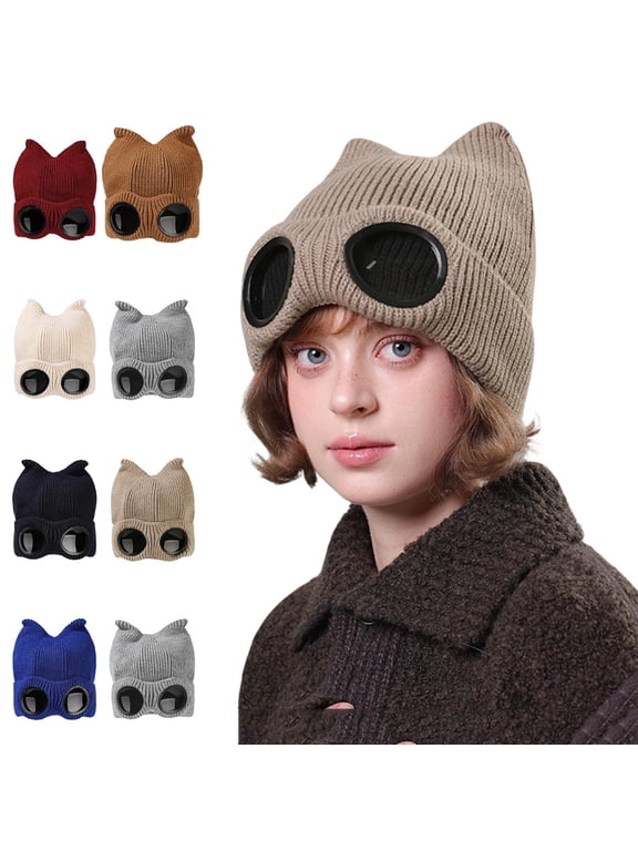 Women's Novelty Cat Ear Beanie Hat with Goggles Design Warm Ribbed Knit Winter Skull Cap Cute Animal Themed Outdoor Cold Weather Accessory for Skiing and Travel