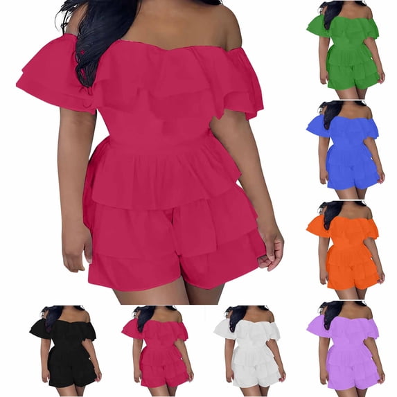 Umfun Women's Off-Shoulder Ruffle Romper - Layered Tiered Short Sleeve Summer Jumpsuit for Beach Party & Vacation Stylish Outfits