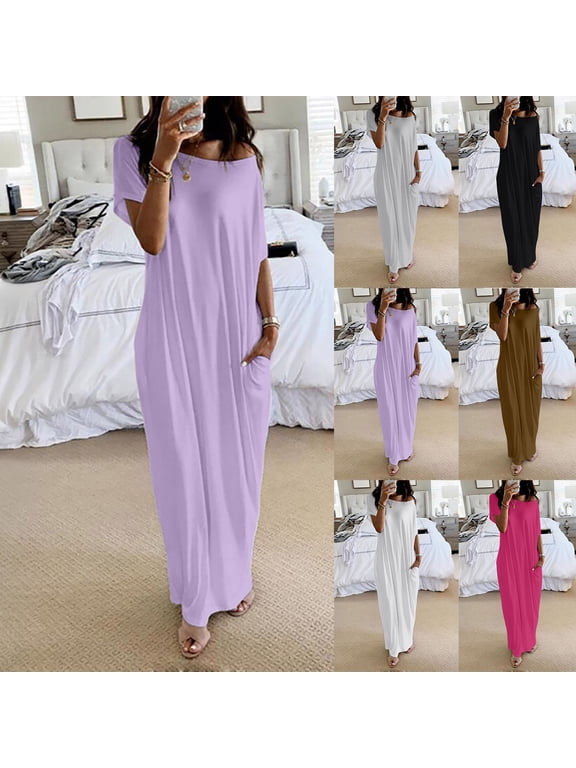 Women's Oversized Short Sleeve Maxi T-Shirt Dress with Pockets - Ultra Comfy Crew Neck Lounge Dress Ideal for Home Relaxation, Errands, and Daily Wear