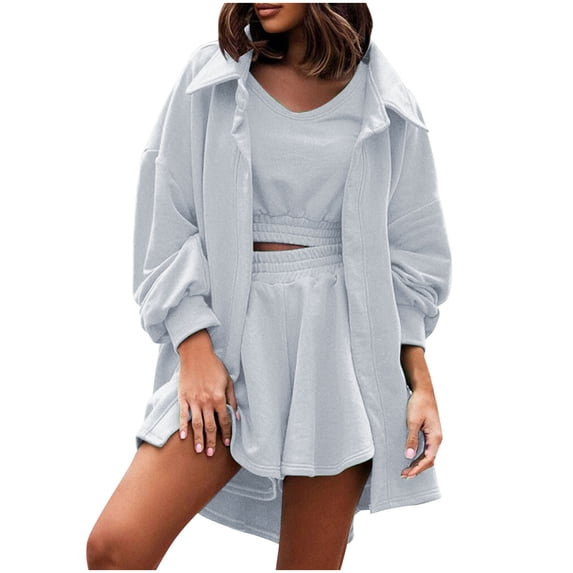 Umfun Women's Oversized Three-Piece Co-Ord Set, Button-Up Shirt Jacket, Crop Top and Mini Skirt, Casual Streetwear Outfit for Daily Wear
