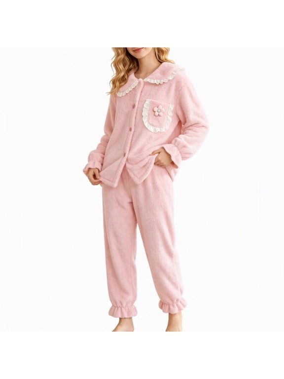 Women's Pajama Set Long Sleeve Button Down Top and Jogger Pants with Ruffle Trim - 2 Piece Sleepwear Set for Daily Wear and Lounging.