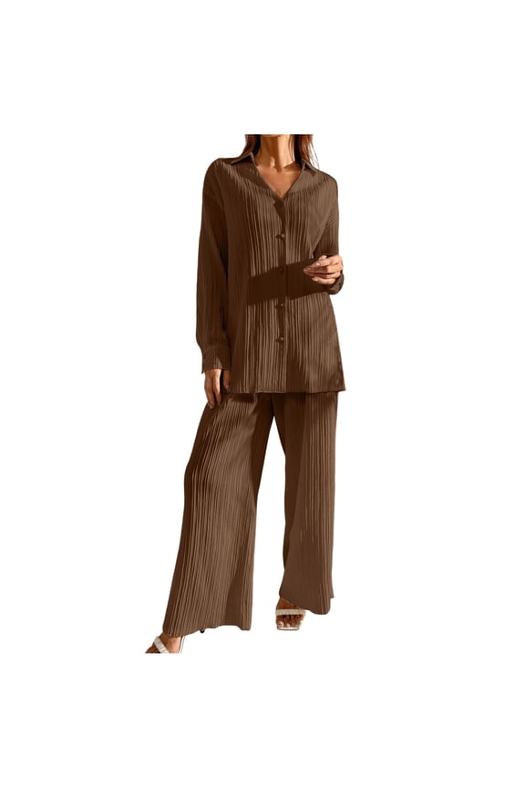 Women's Pleated Button-Down Two-Piece Set, Collared Long Sleeve Top with Matching Wide Leg Pants, Elegant Outfit for Summer