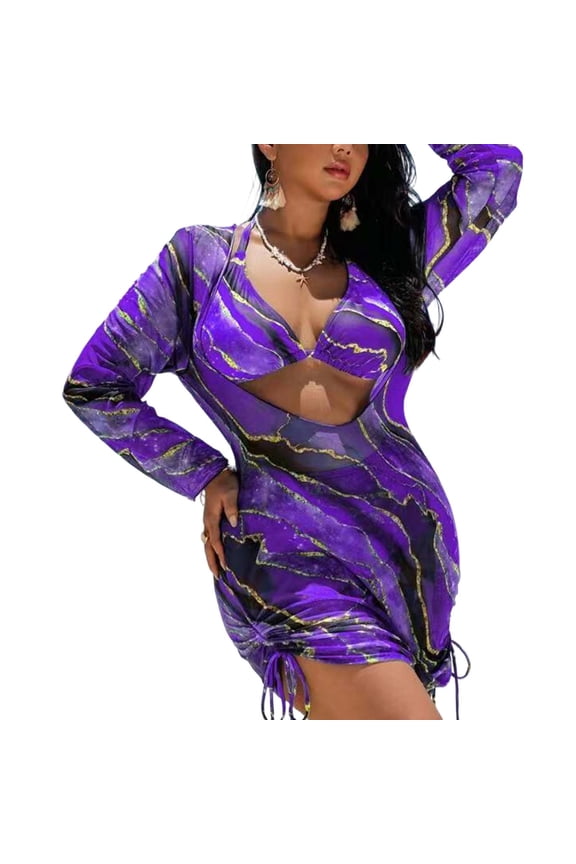 Women's Plus Size Abstract Print Cutout Three-Piece Swimsuit - Long Sleeve Ruched Bikini for Active Beach Resort & Sun Protection