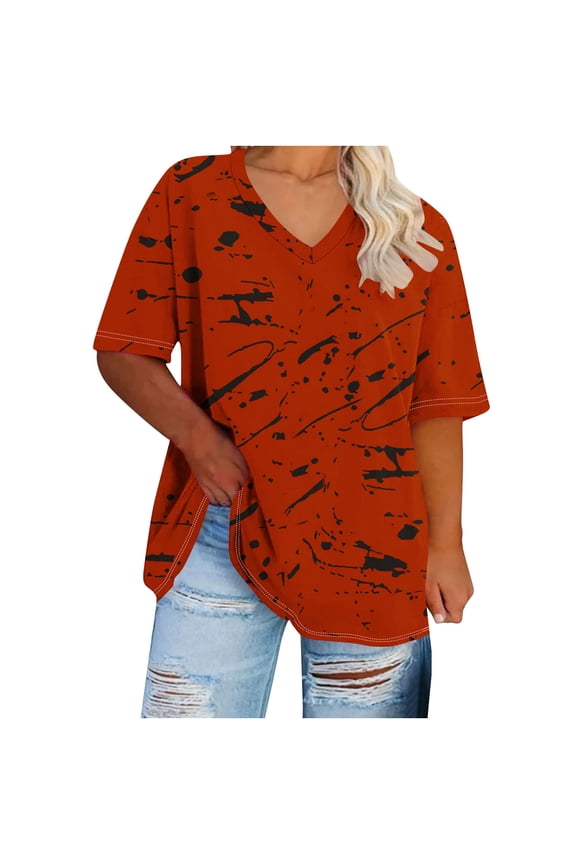 Women's Plus Size Abstract Splatter Print V-Neck T-Shirt - Loose Fit Short Sleeve Top for Summer Vacation, Casual Wear & Weekend Outings