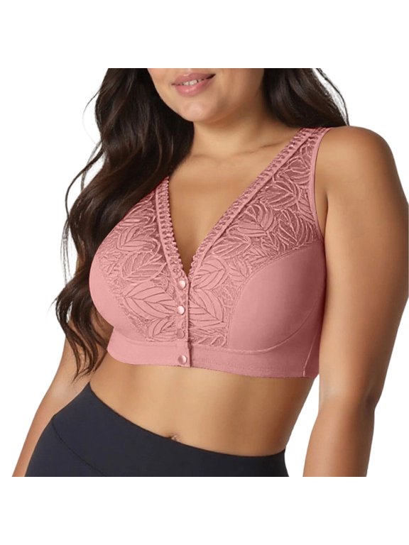 Women's Plus Size Front Closure Lace Bra - Deep V-Neck Wireless Full Coverage Bralette with Leaf Embroidered Straps for Lifting & Side Support