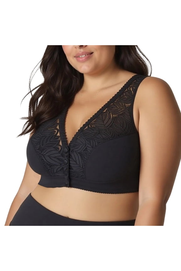 Women's Plus Size Front Closure Lace Bra - Deep V-Neck Wireless Full Coverage Bralette with Leaf Embroidered Straps for Lifting & Side Support