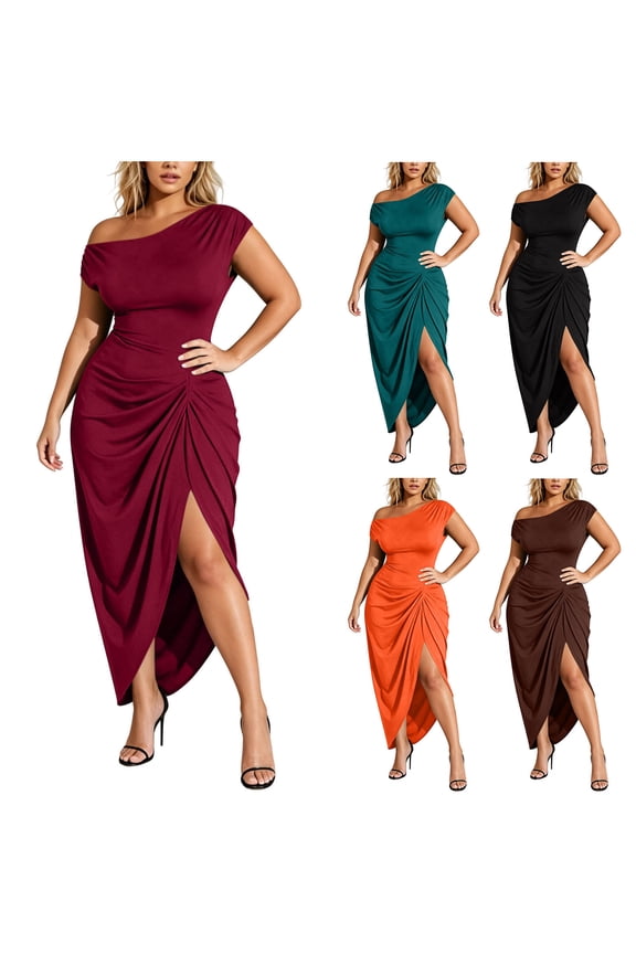 Women's Plus Size One-Shoulder Ruched Maxi Dress with High Slit - Slimming Asymmetrical Solid Color Dress for Evening Parties, Formal Occasions, and Galas