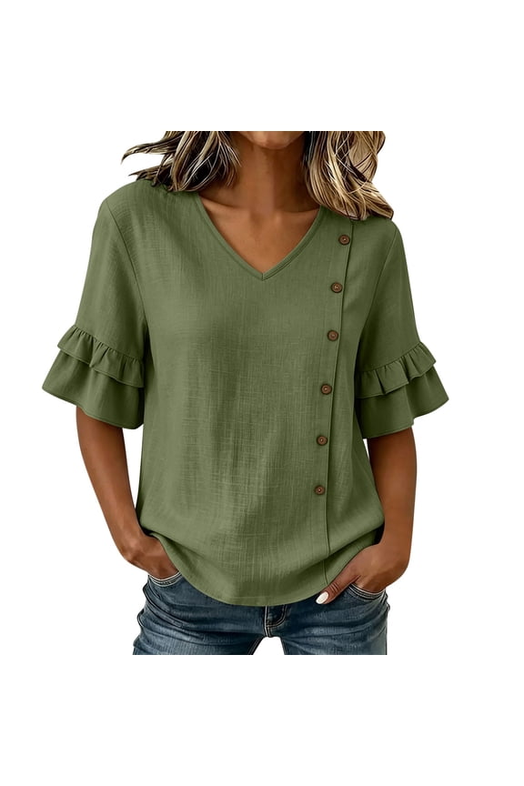Women's Plus Size V-Neck Ruffle Sleeve Blouse - Side Button Detail Loose Fit Tunic Top for Semi-Formal & Casual Summer Wear