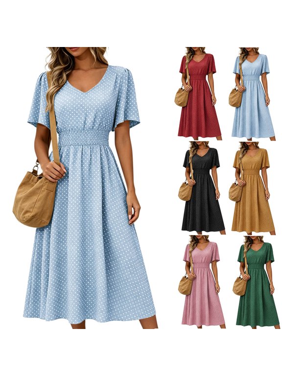 Women's Polka Dot V-Neck Midi Dress with Smocked Waist - Flowy Short Sleeve Summer Dress for Casual Daily Wear, Date Nights, and Weekend Brunches