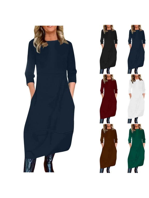 Women's Relaxed Fit 3/4 Sleeve Midi Dress with Side Pockets and Seam Detail - Fall Winter Casual Everyday Wear for Vacation Travel and Office Commute