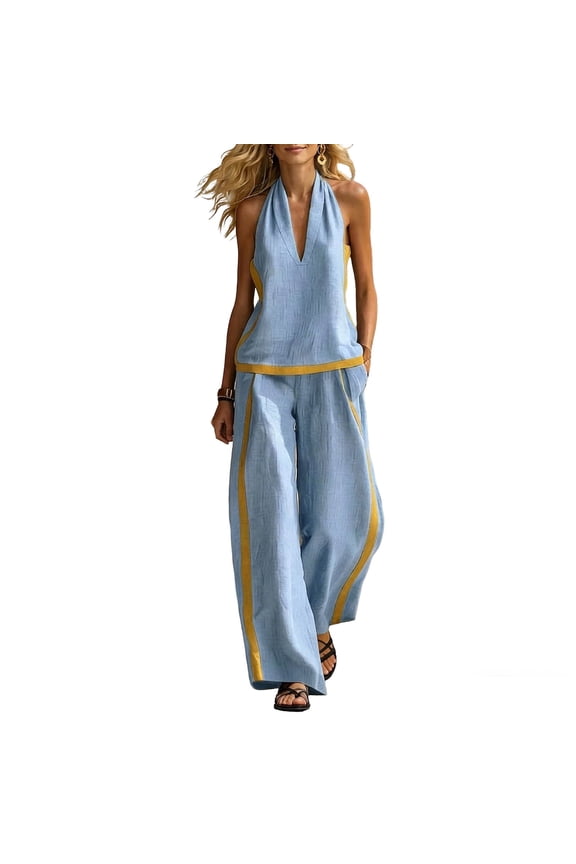 Women's Relaxed Fit Two-Piece Set, Halter Neck Sleeveless Top with Matching Color-Block Wide Leg Pants, Casual Outfit for Beach and Vacation