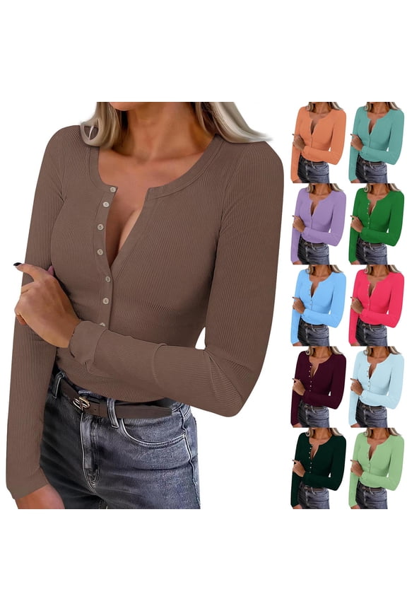 Women's Ribbed Knit Henley Top Long Sleeve Button Front Casual Tee Slim Fit Stretchy Basic Pullover Blouse for Fall Winter Daily Wear