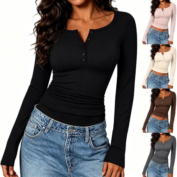 Umfun Tops for Women Ribbed Knit Henley Top Long Sleeve Notch Neck Casual Blouse Slim Fit Button Front Basic Tunic Shirt for Fall Winter Daily Wear